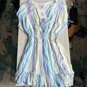Multi stripe dress w/ ruffle hem & smocked waist